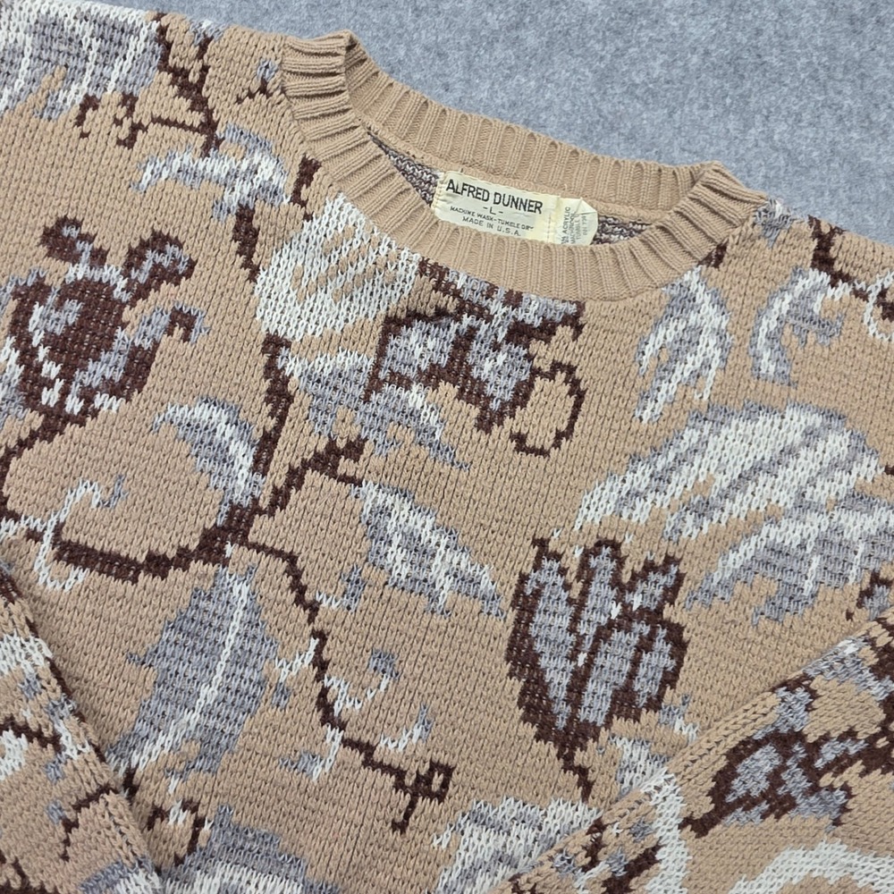 Vintage Alfred Dunner Womens Floral Knit Crewneck Sweater Tan Brown USA Made